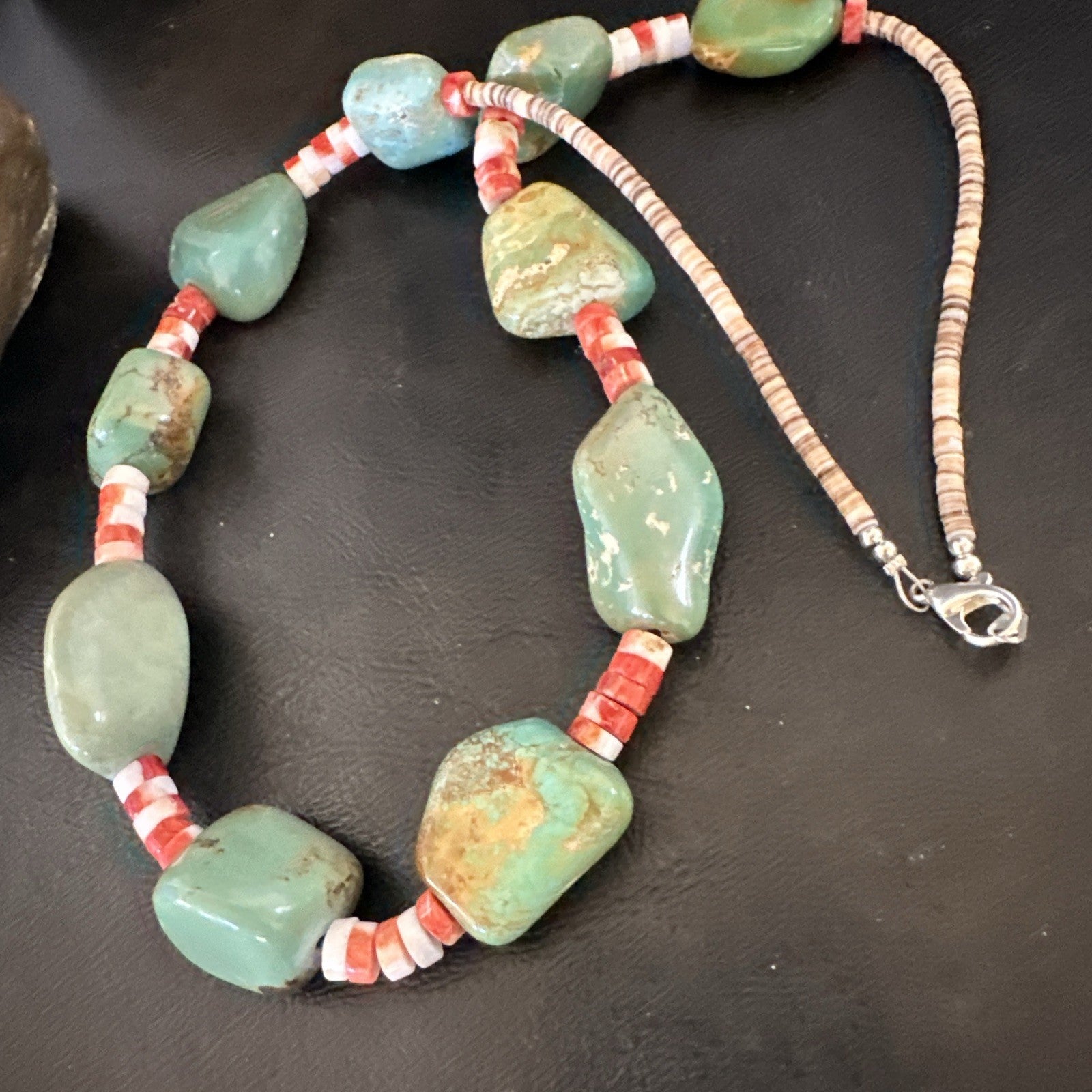 Navajo Green Turquoise Red Spiny Oyster Necklace Sterling 23" 19717