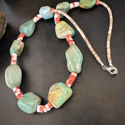 Navajo Green Turquoise Red Spiny Oyster Necklace Sterling 23" 19717