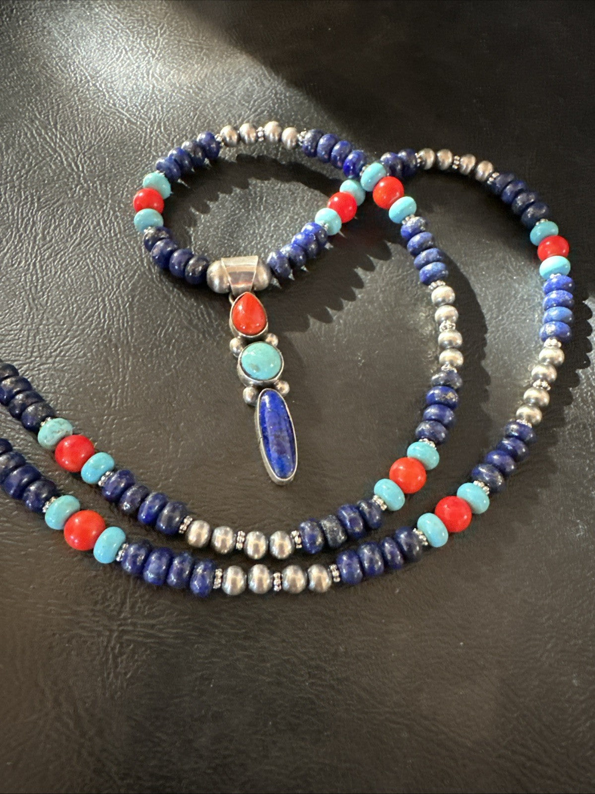 Multicolor Turquoise Spiny Navajo Sterling Silver Cluster Pendant Necklace 19647