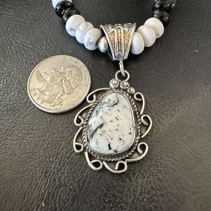 White Buffalo Turquoise Pendant Howlite Navajo Sterling Silver Necklace 24”18724