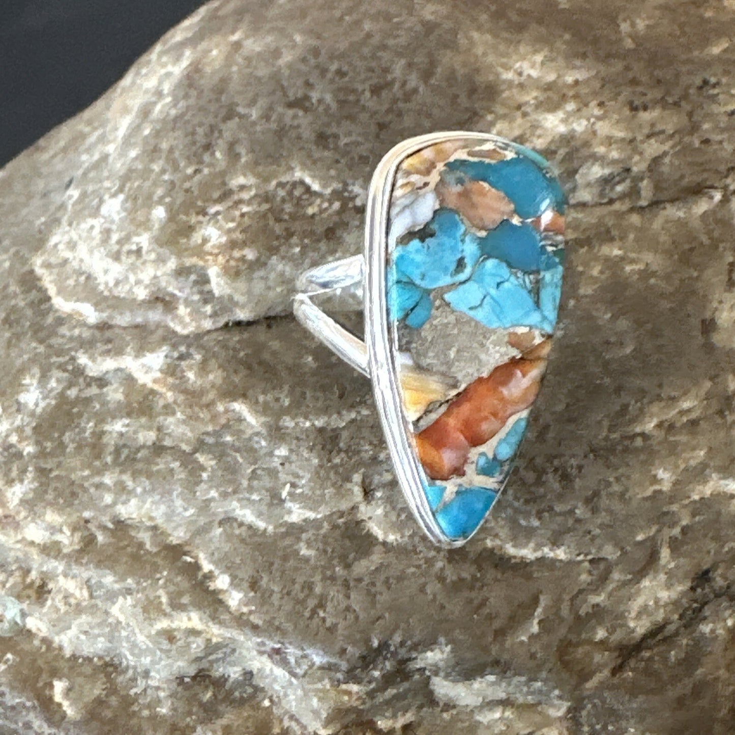 Blue Turquoise Spiny Oyster Southwestern Sterling Silver Ring Size 5 18501