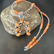 Navajo Pearls Necklace Orange Spiny Oyster Cluster Naja Pendant | Sterling Silver | Authentic Native American Handmade | 19551