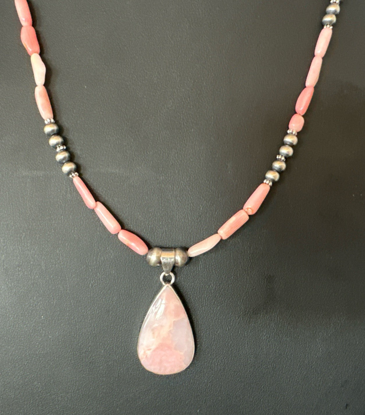 Southwestern Sterling Silver Pink Coral Bead Necklace Quartz Pendant 24" 19587