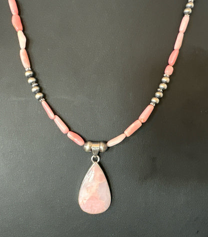 Southwestern Sterling Silver Pink Coral Bead Necklace Quartz Pendant 24" 19587