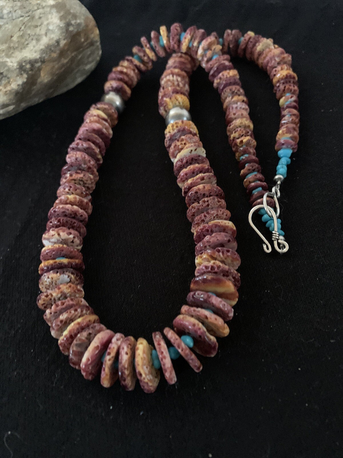 Purple Spiny Oyster & Turquoise Navajo Sterling Silver Necklace 00119