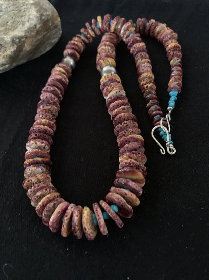 Purple Spiny Oyster & Turquoise Navajo Sterling Silver Necklace 00119