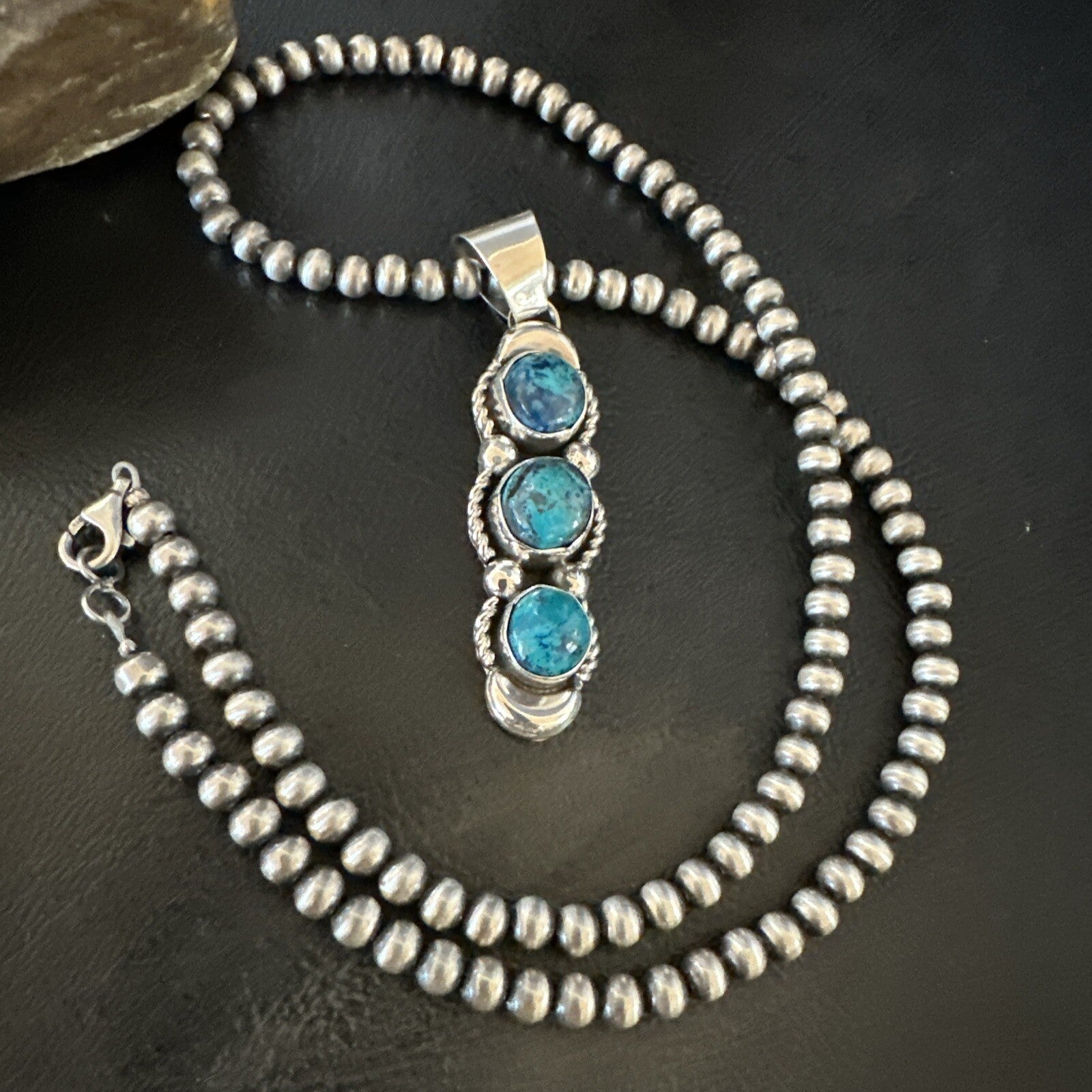Blue Turquoise 3 Stone Navajo Sterling Silver Cluster Pendant 18193