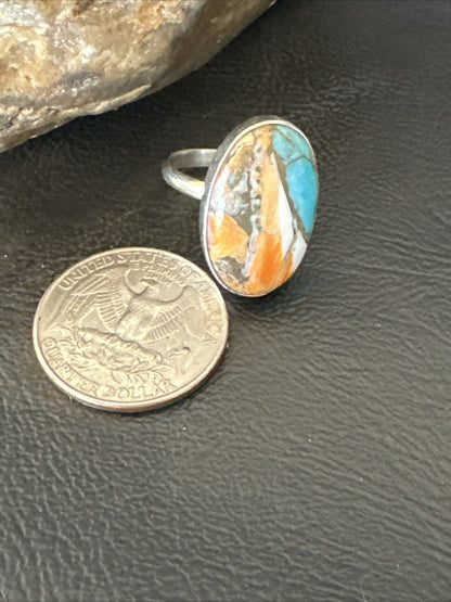 Blue Turquoise Spiny Oyster Southwestern Sterling Silver Ring Size 8 18430