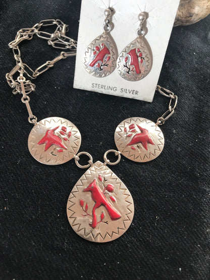 Coral Pendant Zuni Sterling Silver Cardinal Old Pawn Necklace Earrings 01133N