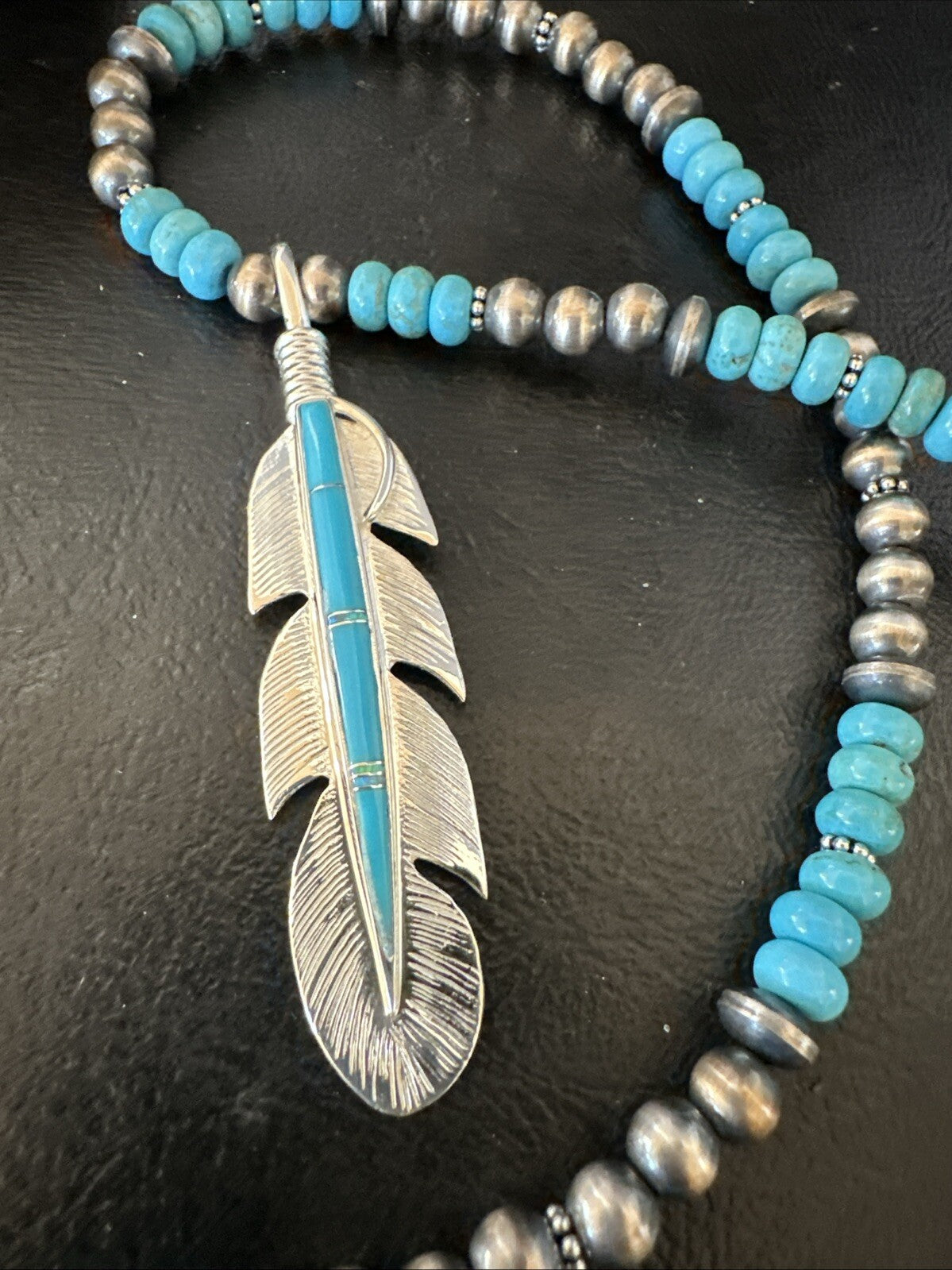 Mens Feather Turquoise Pendant Navajo Sterling Silver Necklace 18668