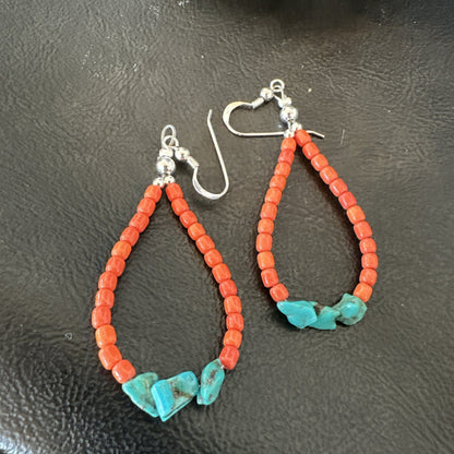 Blue Turquoise Coral Navajo Sterling Silver Earrings 2” 18833