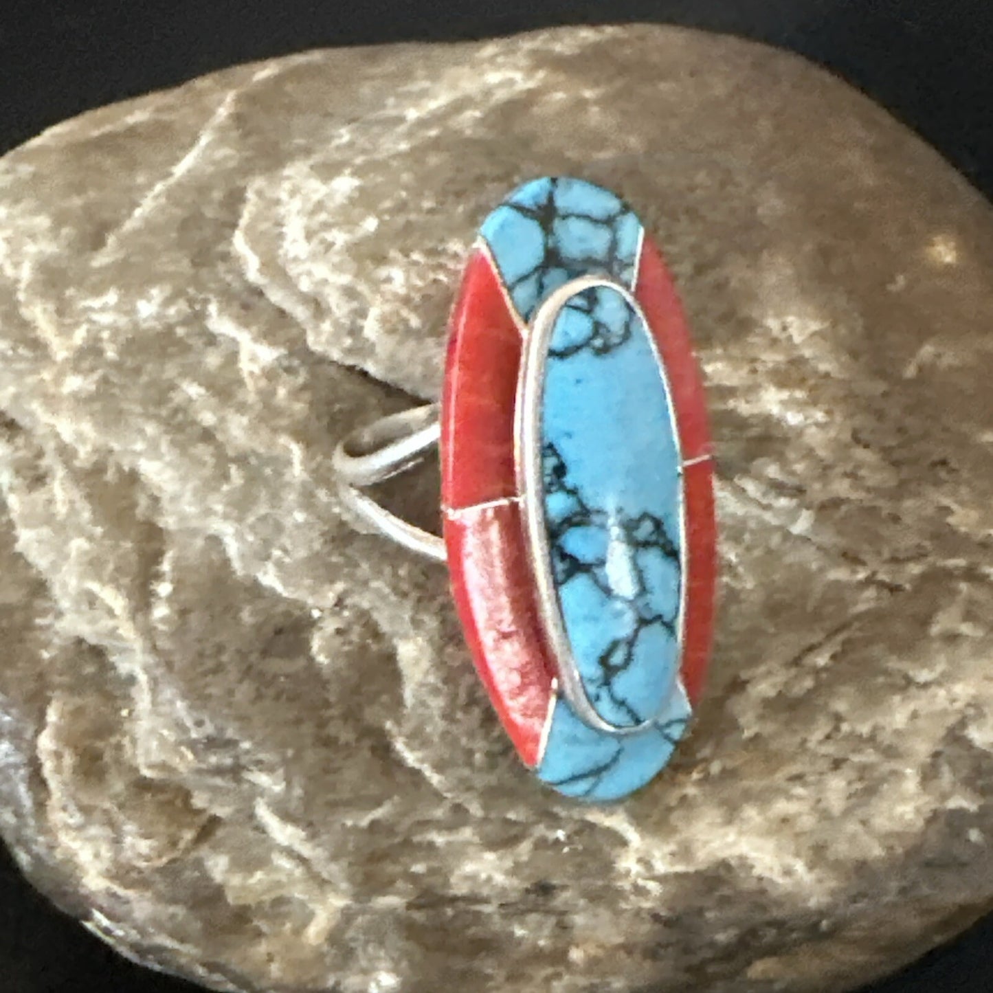 Blue Turquoise Coral Navajo Sterling Silver Ring Size 8.5 18763