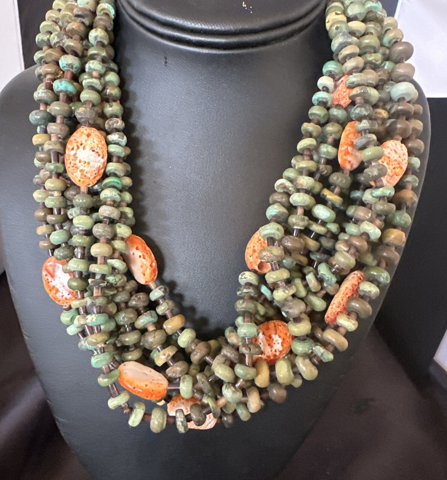 Navajo Green Turquoise 10S Sterling Silver Orange Spiny Shell Necklace 19" 18478
