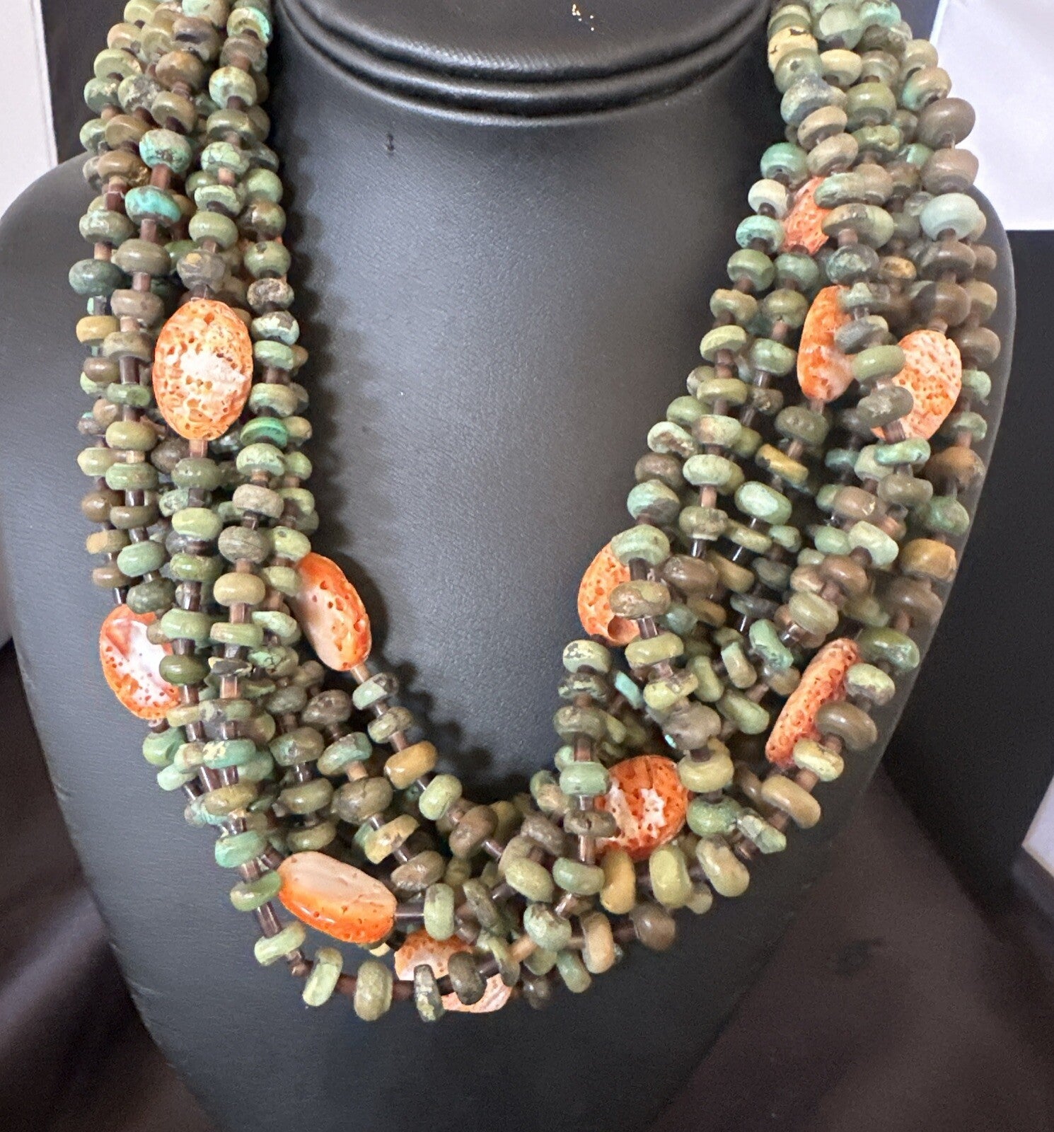 Navajo Green Turquoise 10S Sterling Silver Orange Spiny Shell Necklace 19" 18478