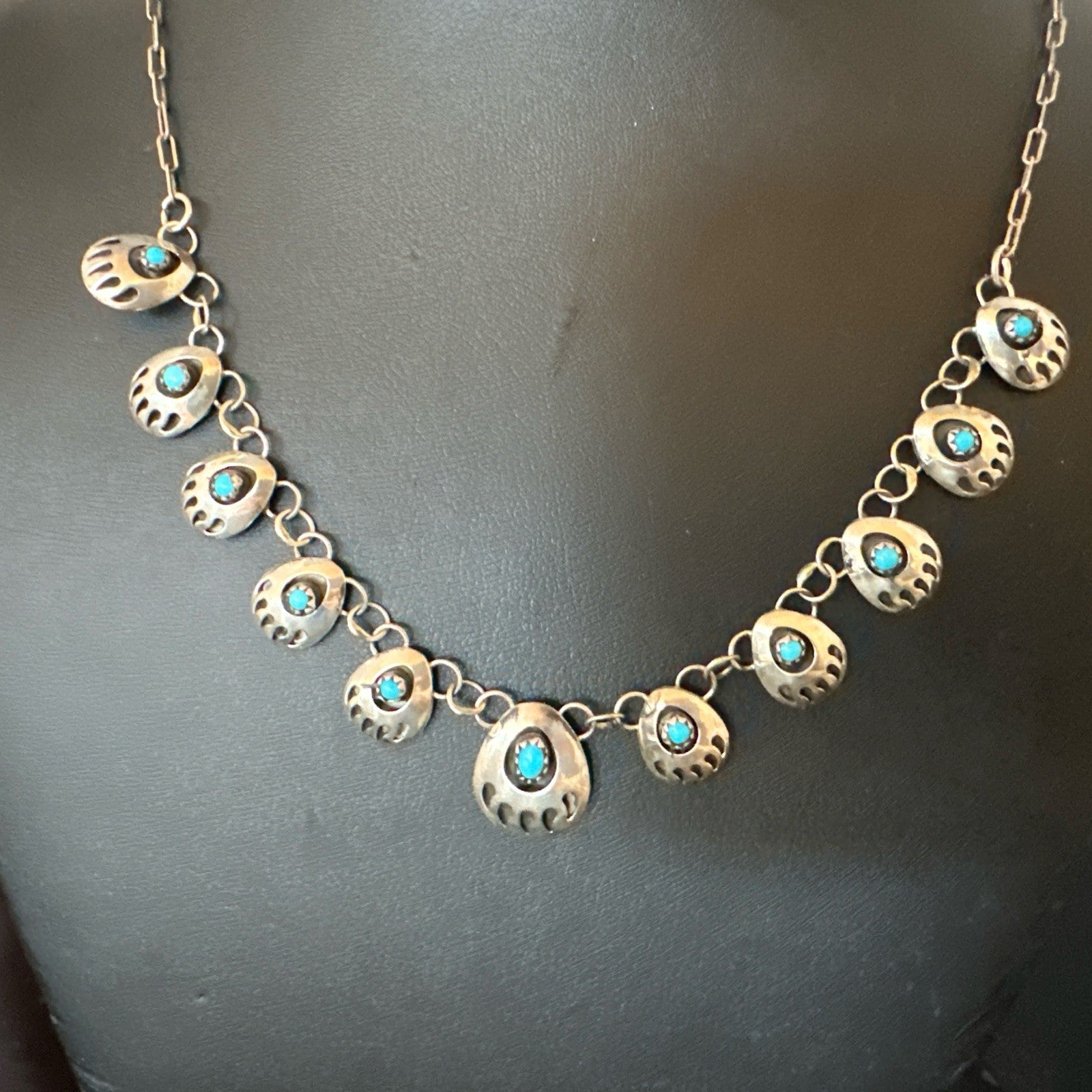 Blue Turquoise Navajo Sterling Silver Bear Paw ShadowBox Necklace 17" 19745