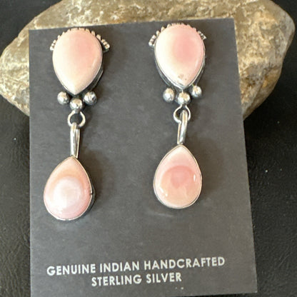Yazzie Pink Queen Conch Navajo Sterling Silver Post Dangle Earrings 19796