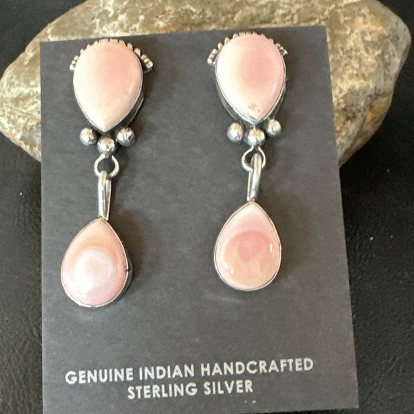 Yazzie Pink Queen Conch Navajo Post Dangle Earrings | Sterling Silver | Authentic Native American Handmade | 19796