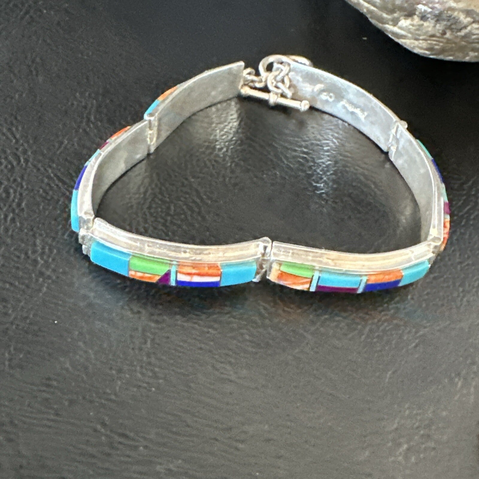 Blue Turquoise Spiny Navajo Old Pawn Sterling Silver Inlay Bracelet 7.5" 18127