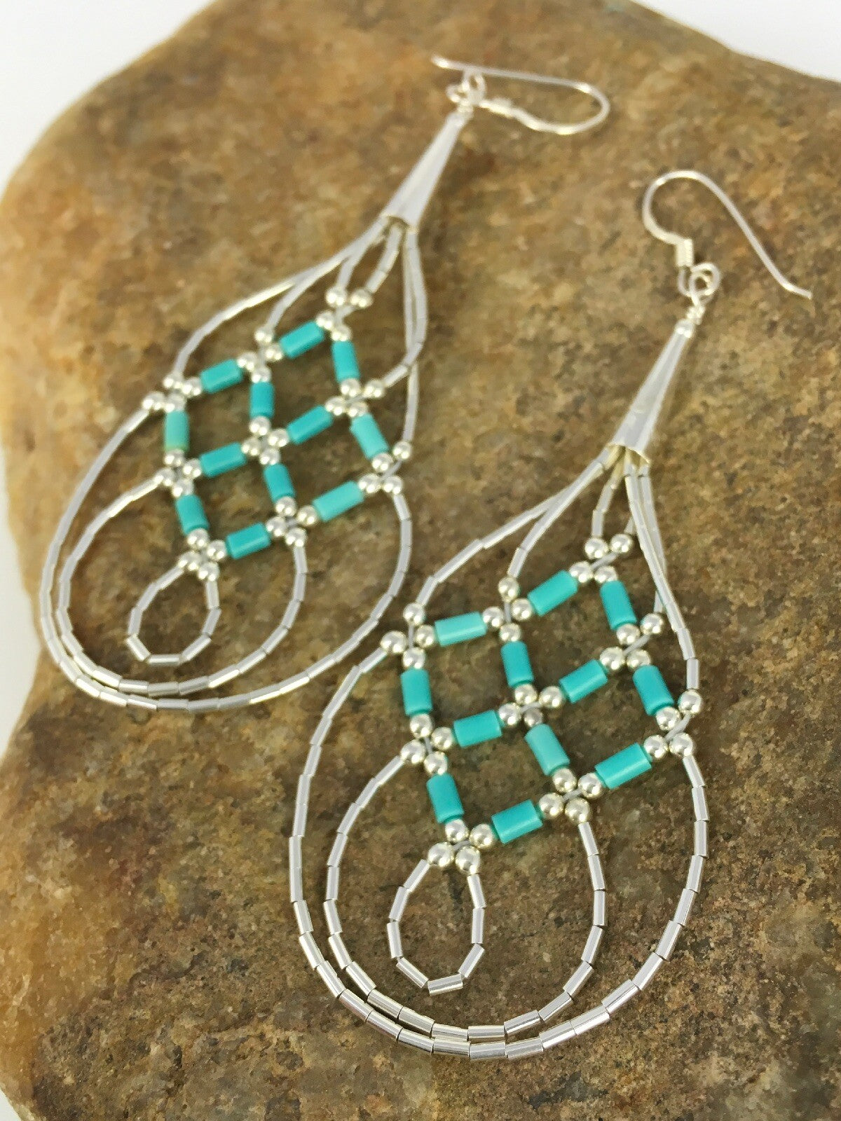 Native Blue Turquoise Heishi Liquid Sterling Silver Dangle Earrings 2" 08878