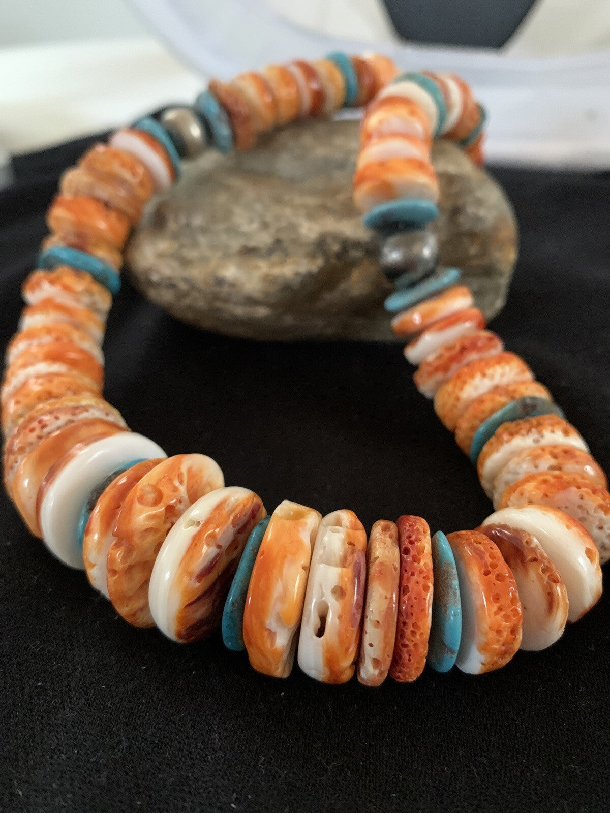 Orange Spiny Oyster Turquoise Navajo Pearls Sterling Necklace 20" 00137