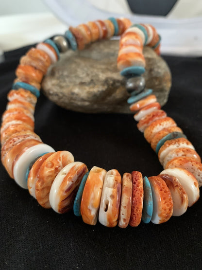 Orange Spiny Oyster Turquoise Navajo Pearls Sterling Necklace 20" 00137