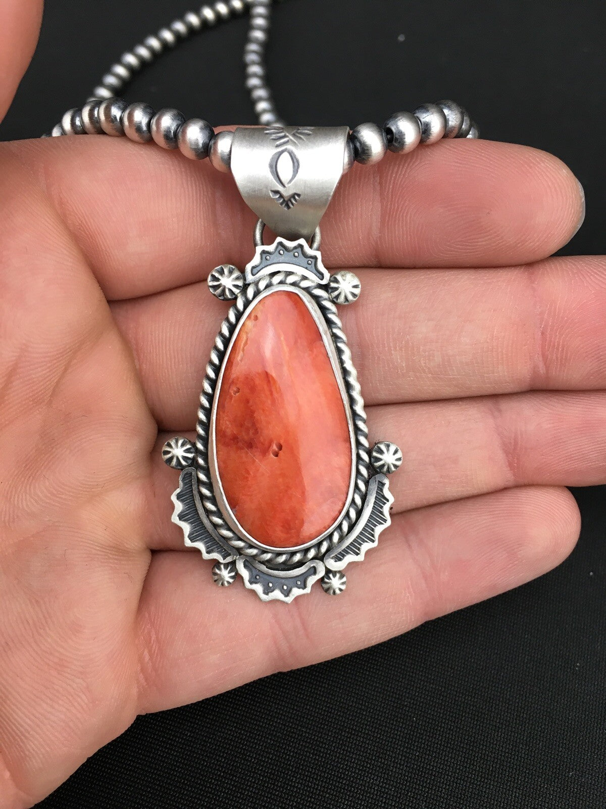 Orange Spiny Oyster Pendant Navajo Pearls Sterling Silver Necklace 1296