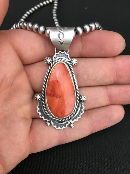 Orange Spiny Oyster Pendant Navajo Pearls Sterling Silver Necklace 1296