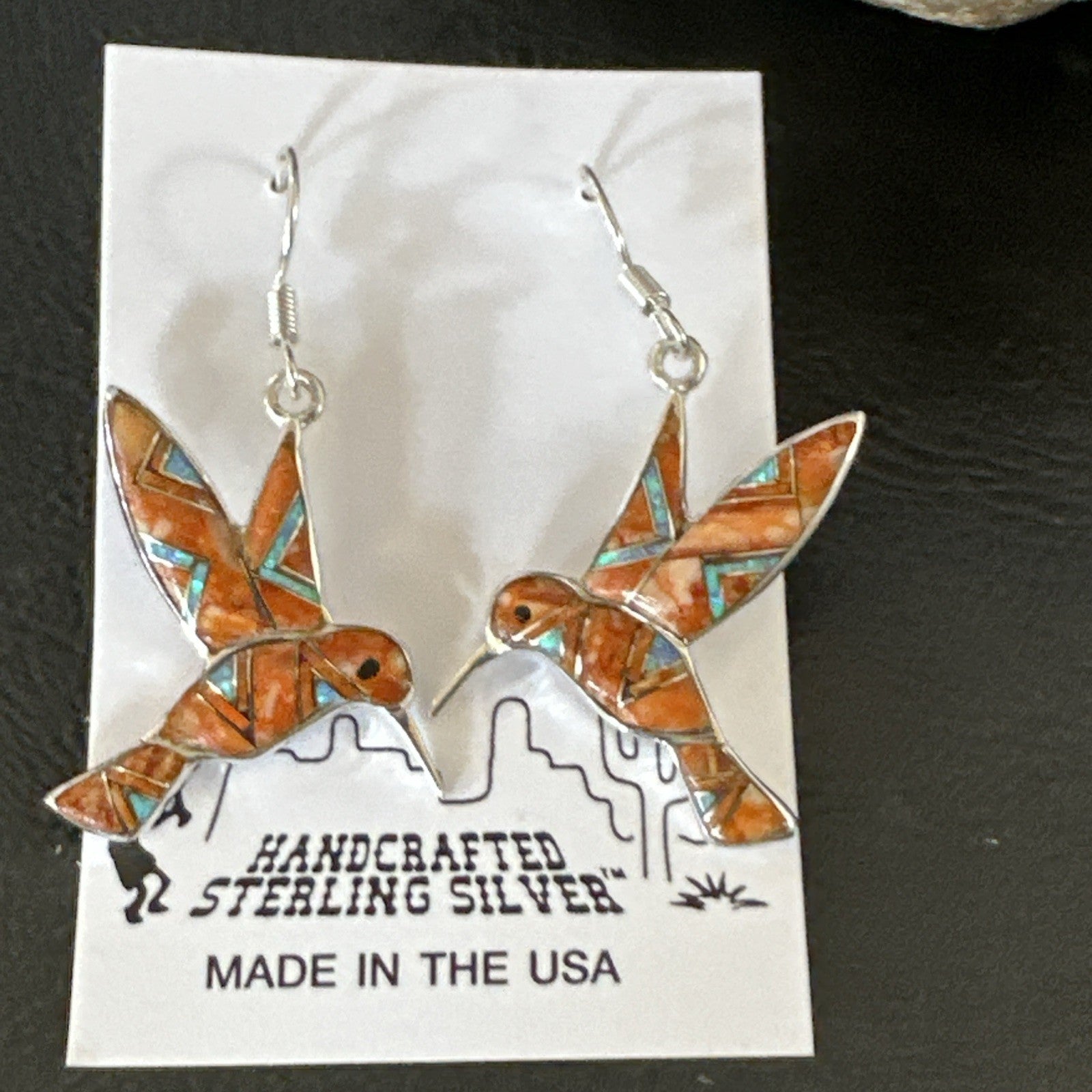 Orange Spiny Oyster Opal Sterling Silver Hummingbird Dangle Earrings 19133
