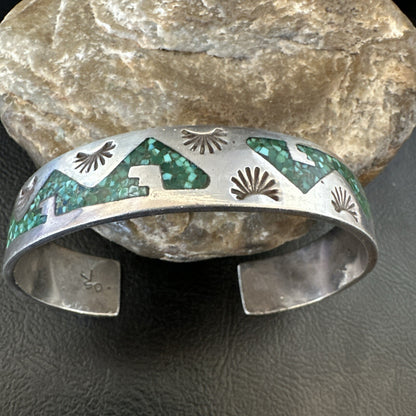 Navajo Old Pawn Sterling Handmade Blue Turquoise Chip Inlay Bracelet 18122