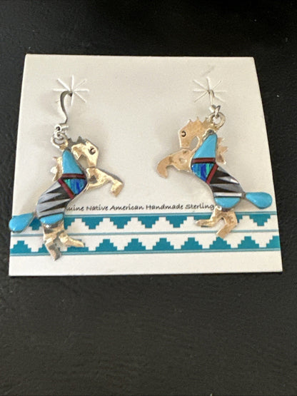 Blue Turquoise Coral Horse Inlay Navajo Sterling Silver Earrings 19827