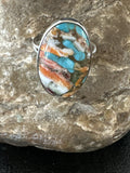 Blue Turquoise Orange Spiny Oyster Navajo Ring Size 10 | Sterling Silver | Authentic Native American Handmade | 18208