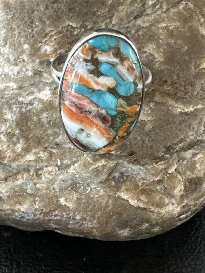 Blue Turquoise Orange Spiny Oyster Navajo Sterling Silver Ring Size 10 18208