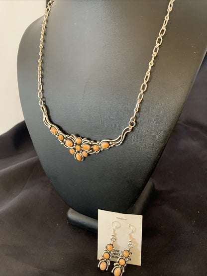 Orange Spiny Oyster Navajo Sterling Silver Necklace & Earrings 02102