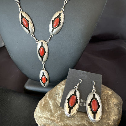 Old Native Navajo Red Coral Sterling Silver Shadowbox Necklace Earrings 18”19101
