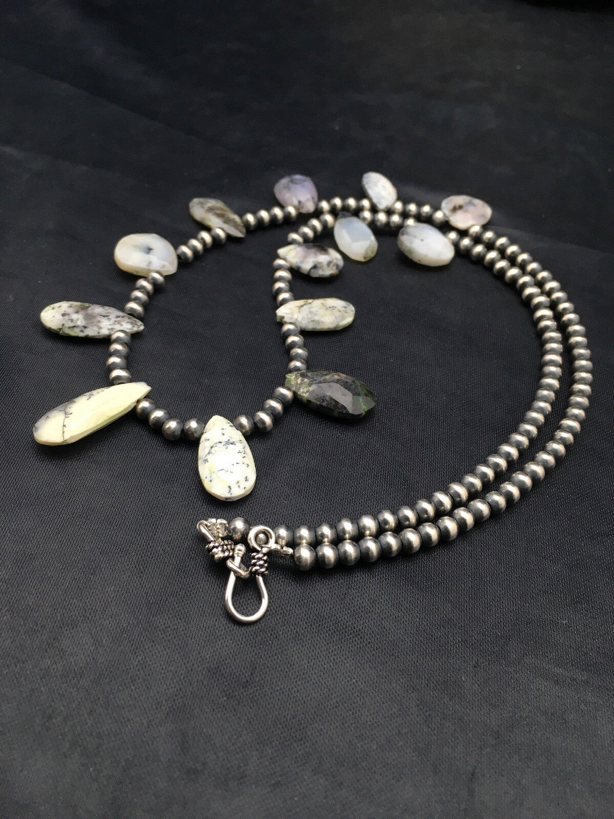 Black Rutile & Opal Pear Shaped Navajo Pearls Sterling Silver Necklace 4092
