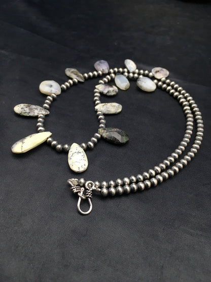 Black Rutile & Opal Pear Shaped Navajo Pearls Sterling Silver Necklace 4092