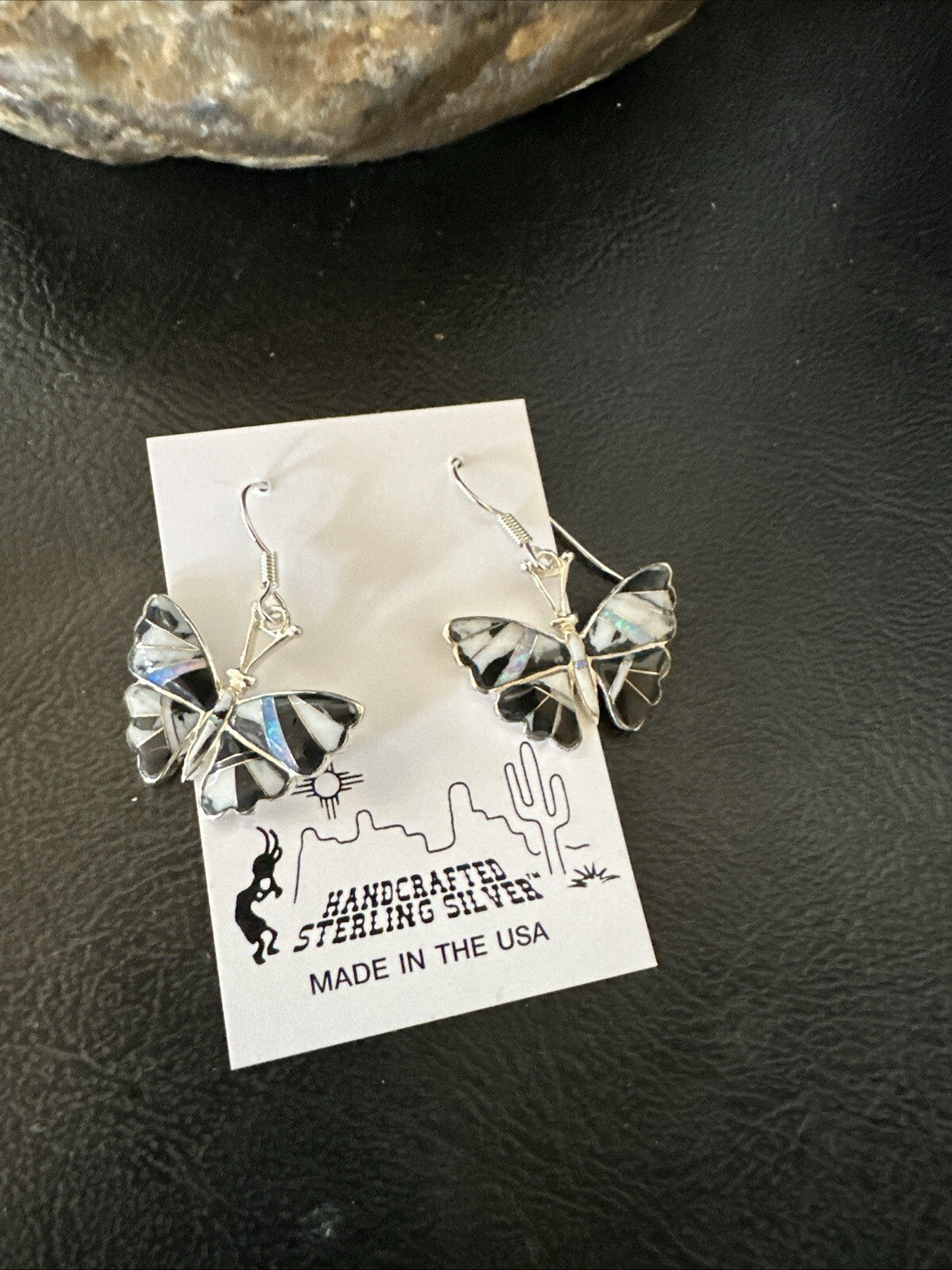 White Buffalo Turquoise Opal Onyx Sterling Silver ButterFly Earrings 18553