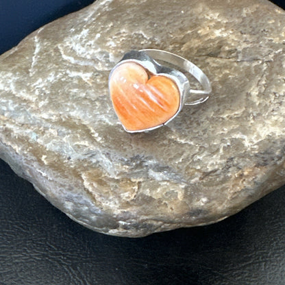 Orange Heart Ring Handmade Navajo Spiny Oyster Sterling Silver Sz 9 19330