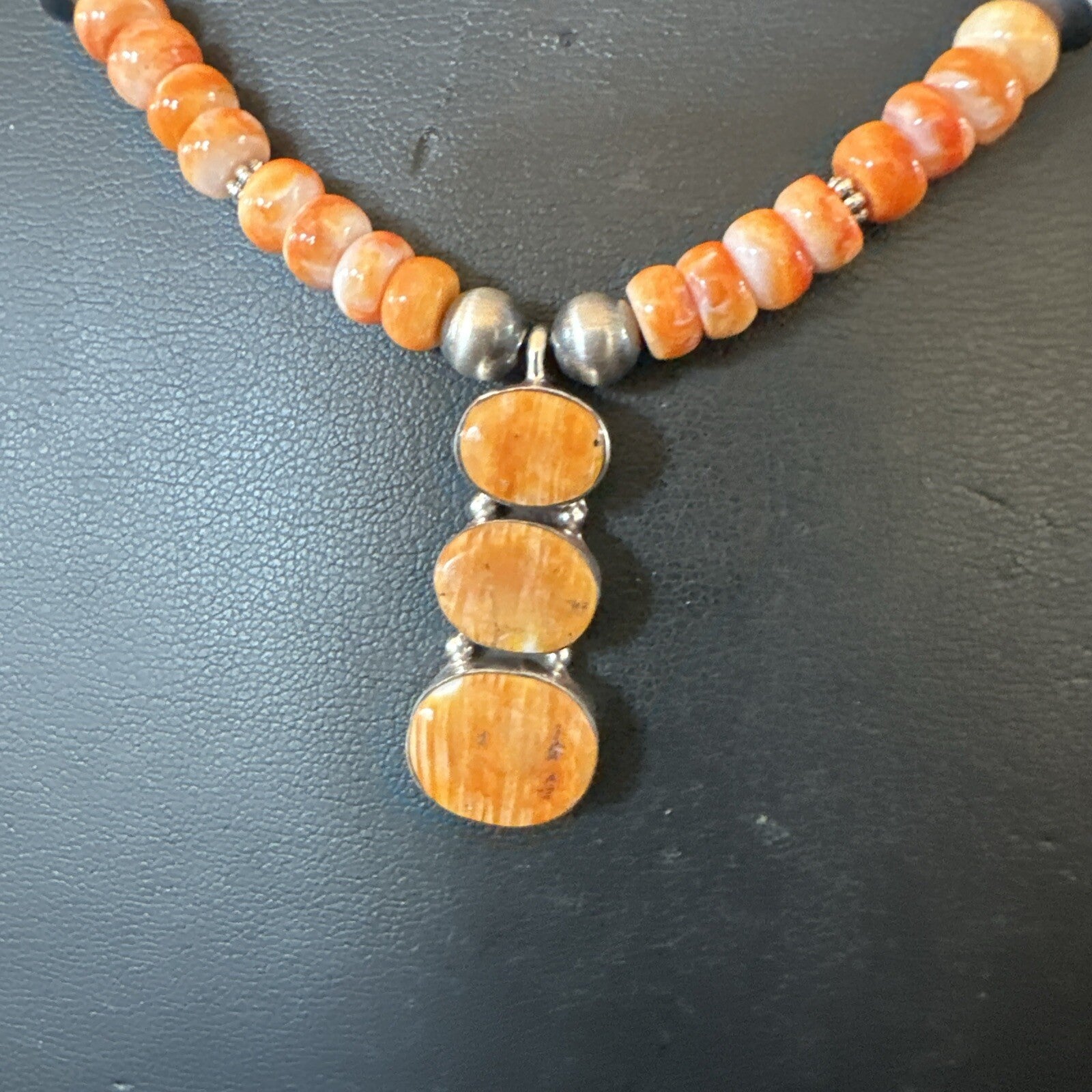 Navajo Pearls Sterling Silver Necklace Orange Spiny Oyster Pendant 20" 18264