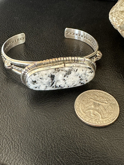 White Buffalo Turquoise Navajo Sterling Silver Cuff Bracelet 7.25" 19393