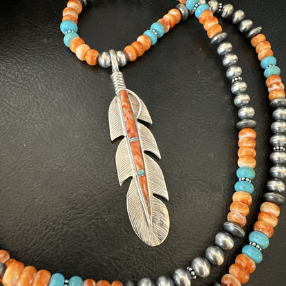 Feather Orange Spiny Opal Pendant Sterling Silver Turquoise Necklace 21” 18672