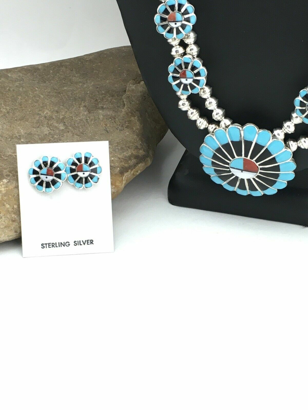 Sun Face Turquoise Inlay Zuni Sterling Silver Squash Necklace & Earrings 01308N