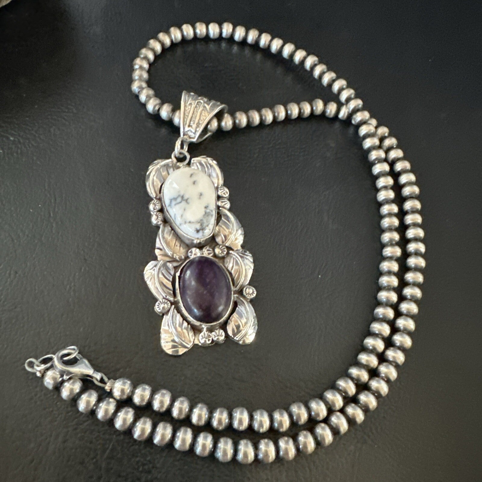 Navajo Sterling Silver White Buffalo Turquoise  Purple Stone Pendant 18035