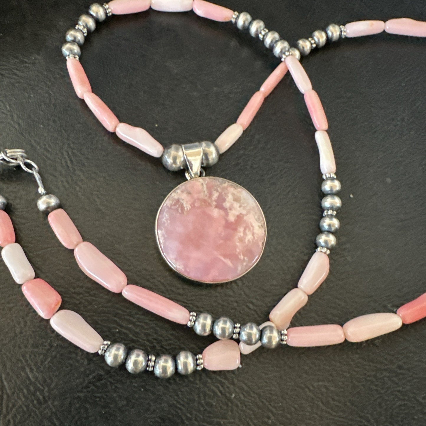 Southwestern Sterling Silver Pink Coral Bead Necklace Quartz Pendant 24" 19588