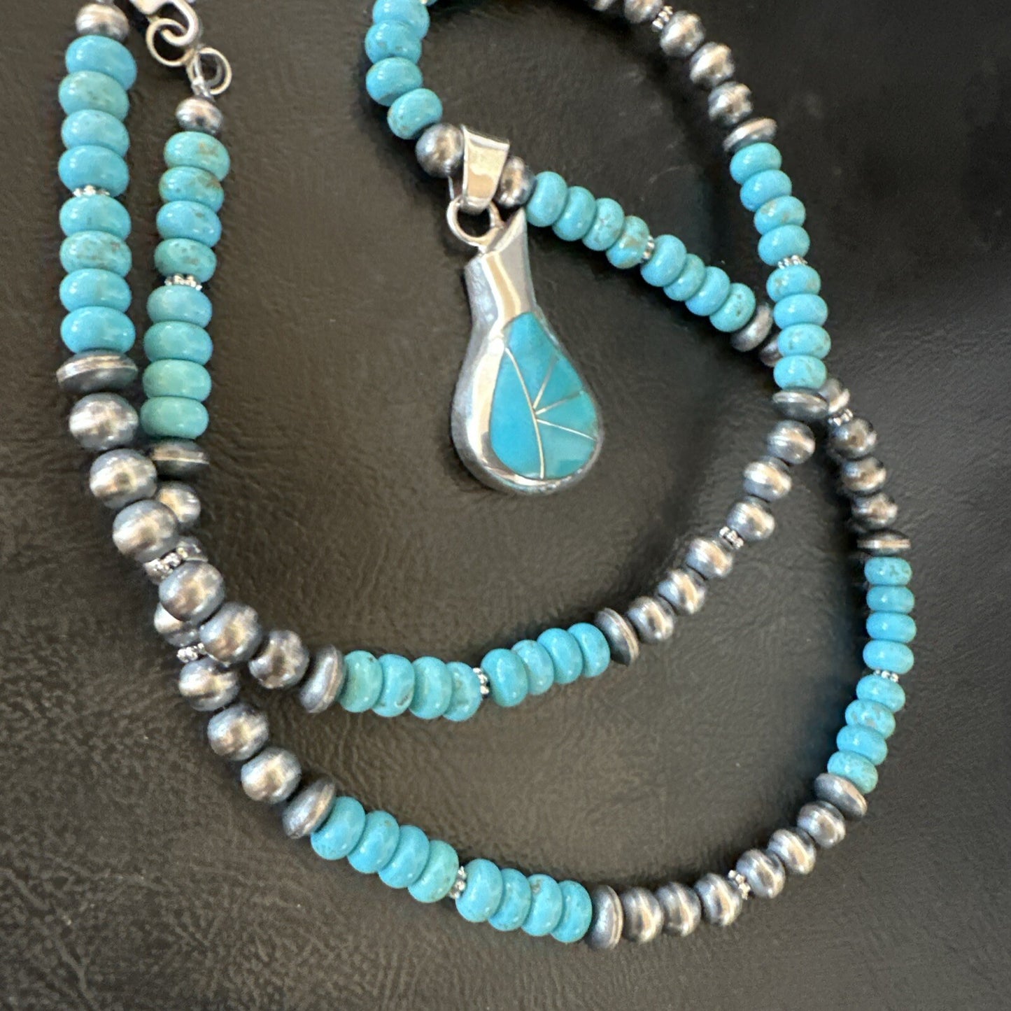 Pottery Blue Kingman Turquoise Pendant Navajo Sterling Silver Necklace 21" 18378