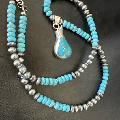 Pottery Blue Kingman Turquoise Pendant Navajo Sterling Silver Necklace 21" 18378