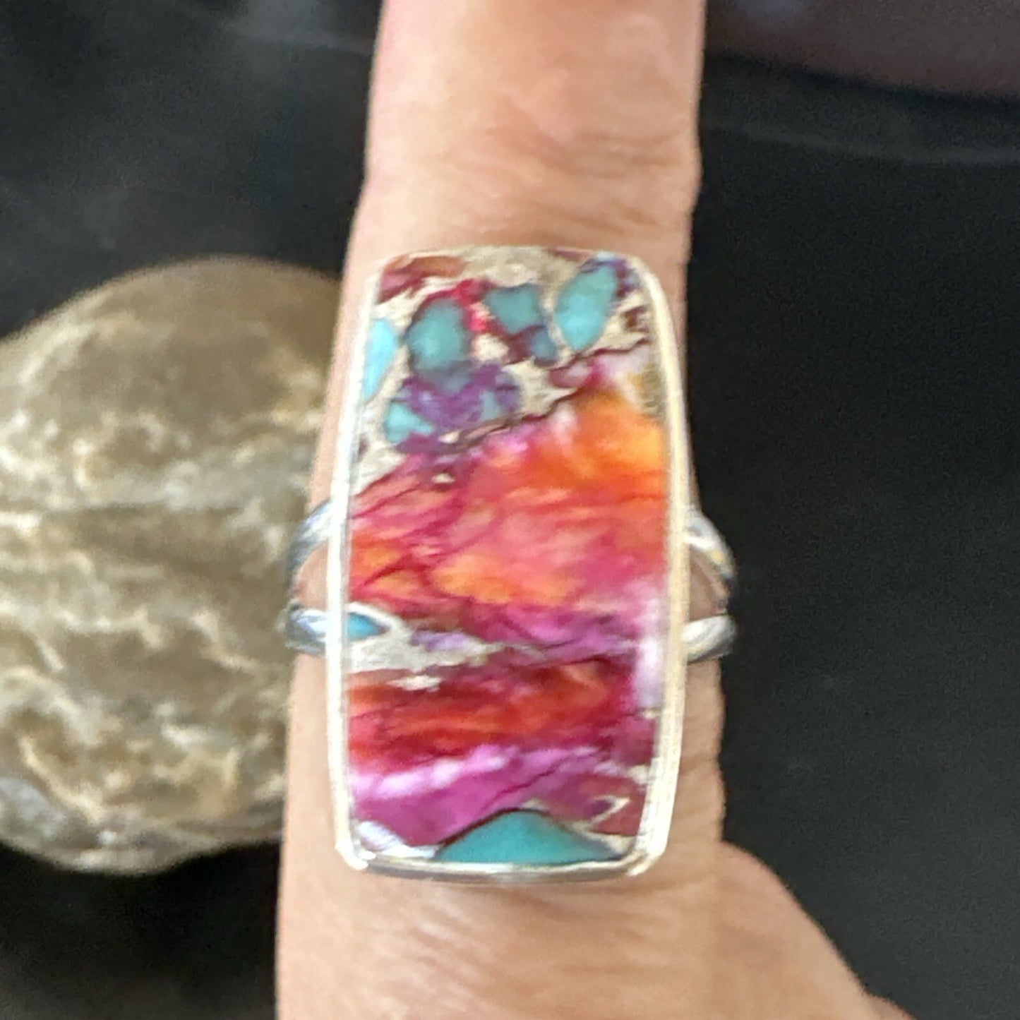 Blue Turquoise Spiny Oyster Navajo Sterling Silver Ring Size 9 18221