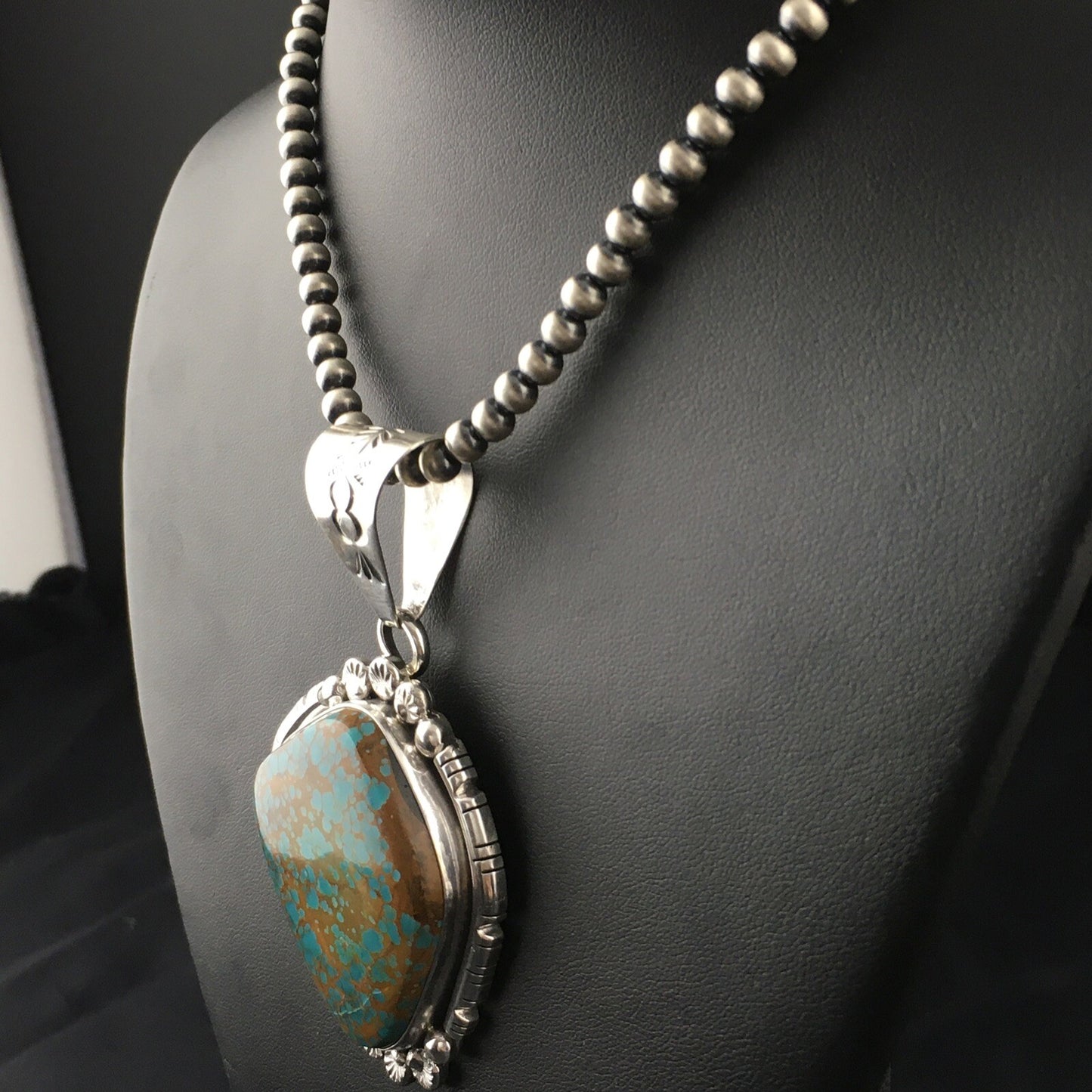 Blue Turquoise#8 Pendant Navajo Pearls Sterling Silver Necklace 17960