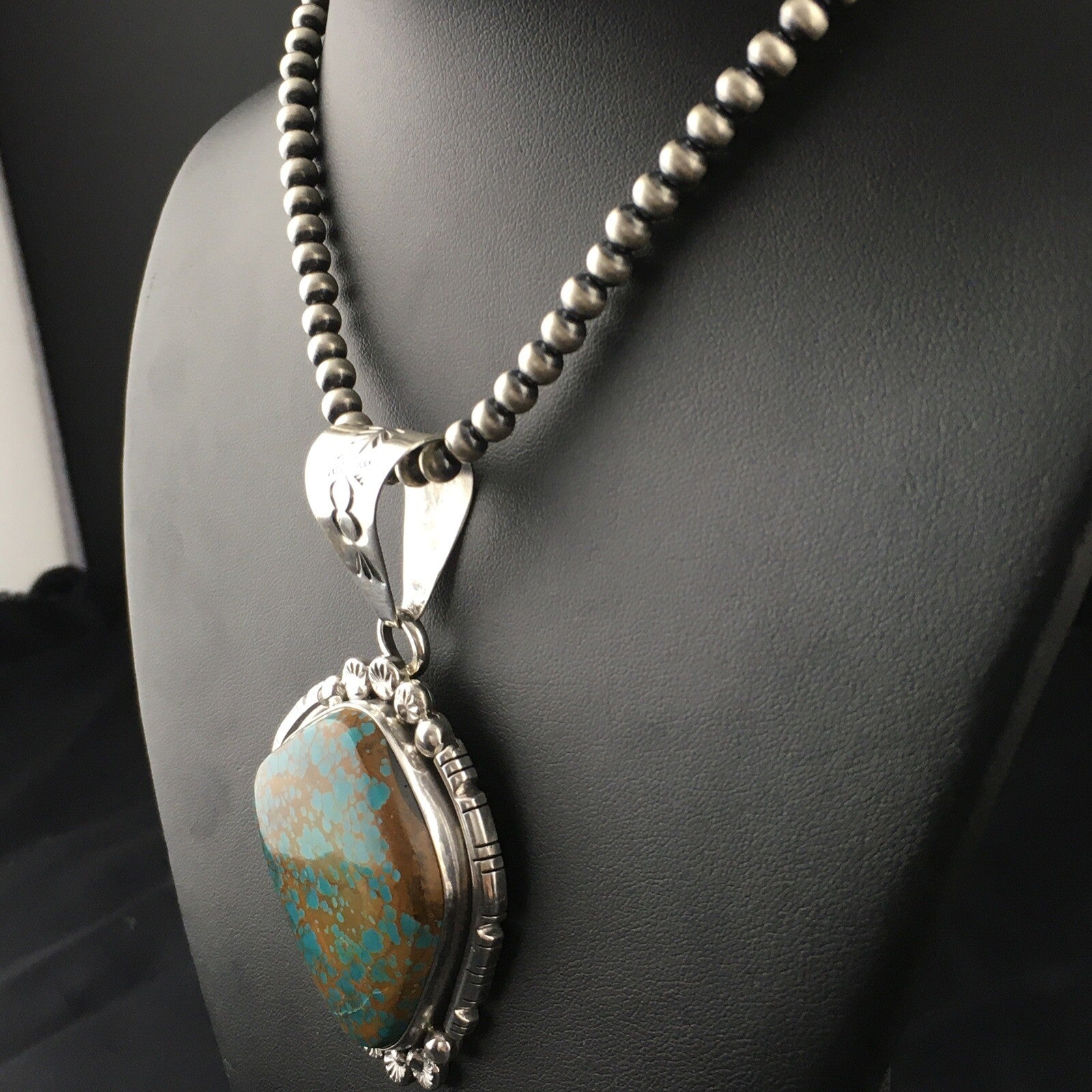 Blue Turquoise#8 Pendant Navajo Pearls Sterling Silver Necklace 17960
