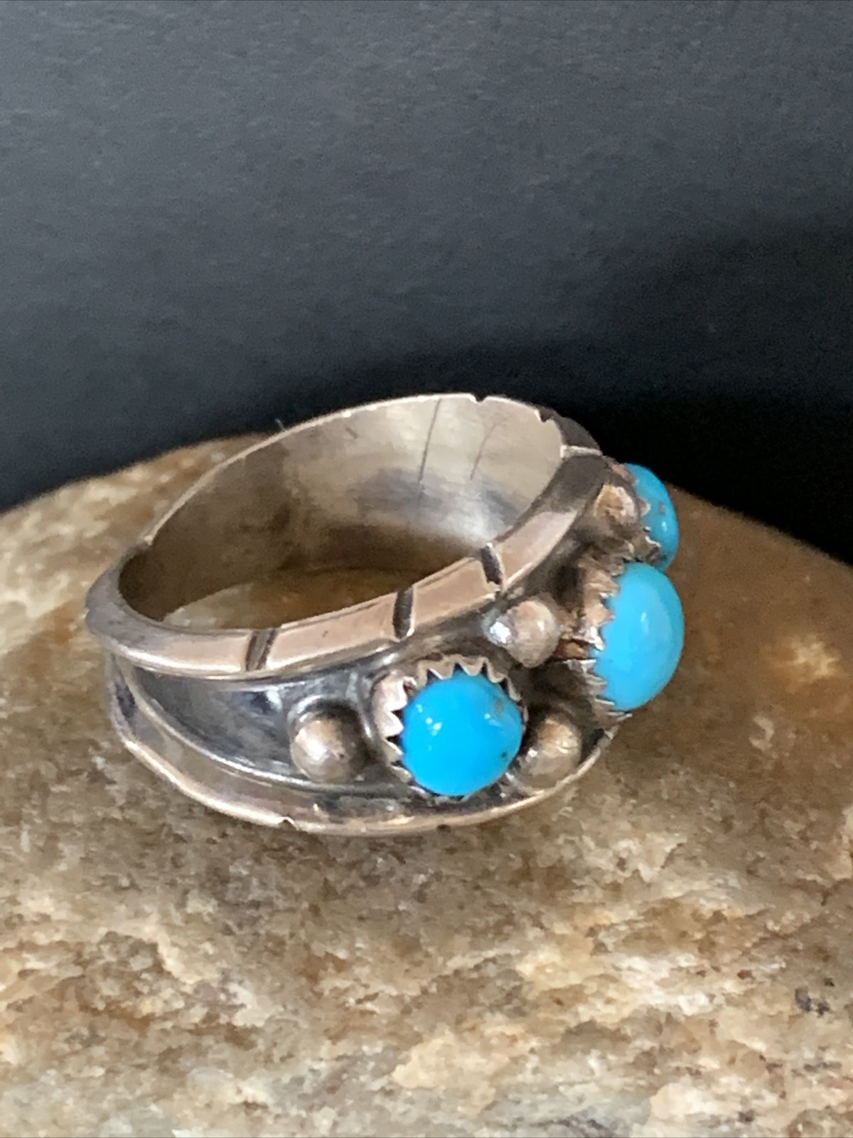 Blue Turquoise 3 stone Navajo Sterling Silver Old Pawn Ring Size 8 10788